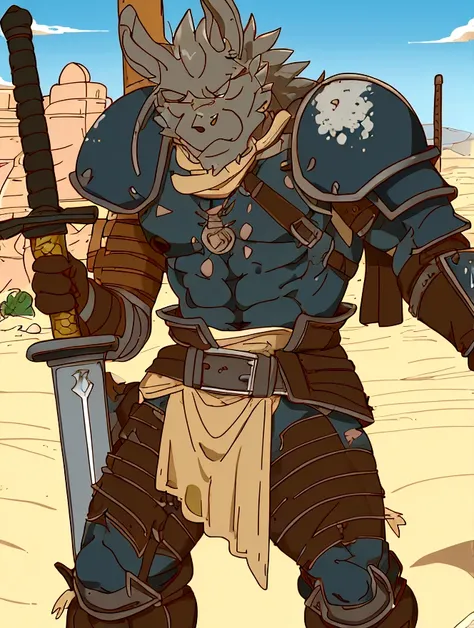 Solo Sexy young anthro scalie dragon male mercenary medieval solider, slim endomorph muscular, anthro handsome gay shorter muzzle, handsome gay model male apperance, sword scars, worn out leather skimpy armament, low on hips heavy leather belt, old very wo...