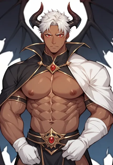 "Stunningly detailed anime sketch of a solo ((muscular)) ((handsome)) ((dark-skinned)) demon boy with short white hair and red eyes. He exudes maturity and has striking red and black crown-like horns. Dressed in demonic fantasy clothes, including a black c...