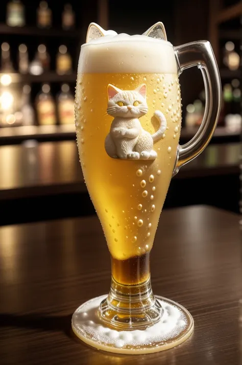 Fantasy beer on an intricate glass, made from cat sculptures, (absurdly charming cute, Standing in honor:1.2), beer foam , (Beer foam texture :1.3),