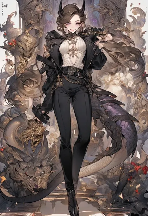 Tall woman, cheeky mad smile, brunette, hair gathered in a low bun, black clothes with open chest, purple eyes, dragon tail and horns, belts, pants, many details, light lipstick