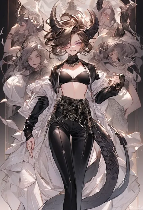 Tall woman, cheeky mad smile, brunette, hair gathered in a low bun, black clothes with open chest, purple eyes, dragon tail and horns, belts, pants, many details, light lipstick