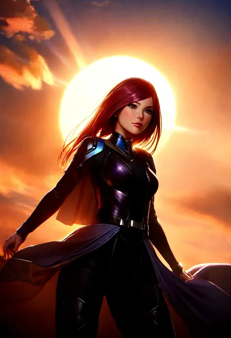 a woman inspired by Karen Gillan, antrum, lightwave, sun sunset, blue skies, intricate, highly detailed, cinematic lighting, dramatic composition, volumetric lighting, photorealistic, 8k, best quality, masterpiece