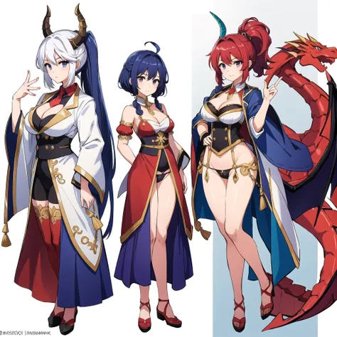 3 girls, variety of hairstyles, ((white background)), (((full body))), multiple views, dragon horn,  thong, cleavage, short tie, sleeves, highleg,