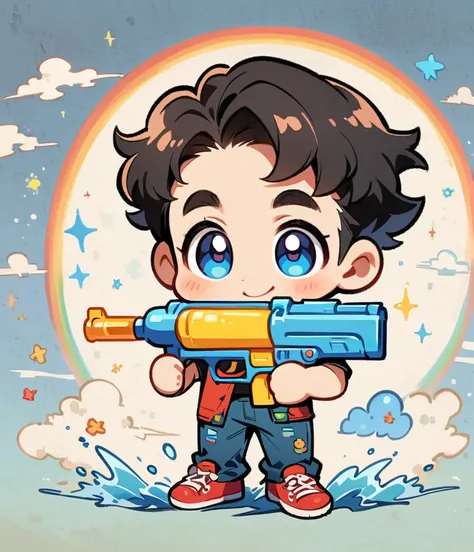 One man with black hair、Draw a rainbow with a blue sky background、Play with a water gun、Cartoon style character design，interesting，interesting，Clean Lines