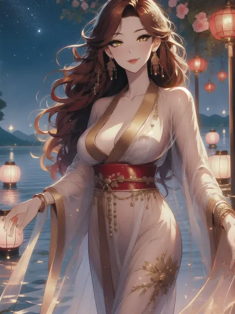 UHD, textured skin, high detail, anatomically correct, SOLO, 1 female, Xian mei, unique golden eyes, long red curly hair, jewelry, round, big breasts, perfect anatomy, walking by the lake, clear water nude, nude, sexy, hot , stars at night, shooting stars,...