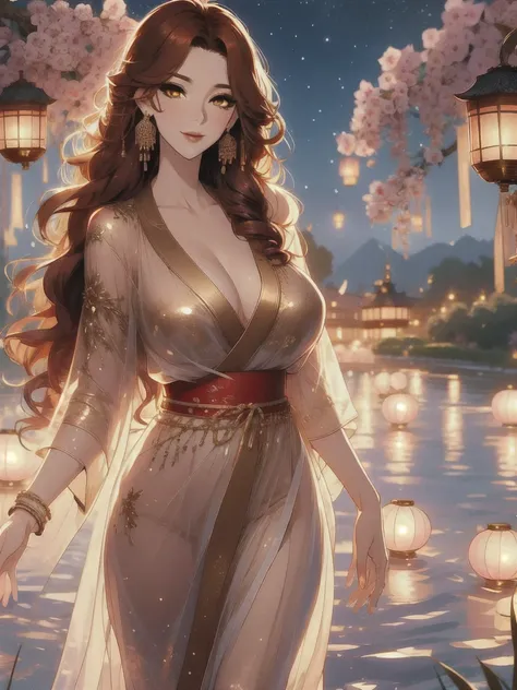 UHD, textured skin, high detail, anatomically correct, SOLO, 1 female, Xian mei, unique golden eyes, long red curly hair, jewelry, round, big breasts, perfect anatomy, walking by the lake, clear water nude, nude, sexy, hot , stars at night, shooting stars,...