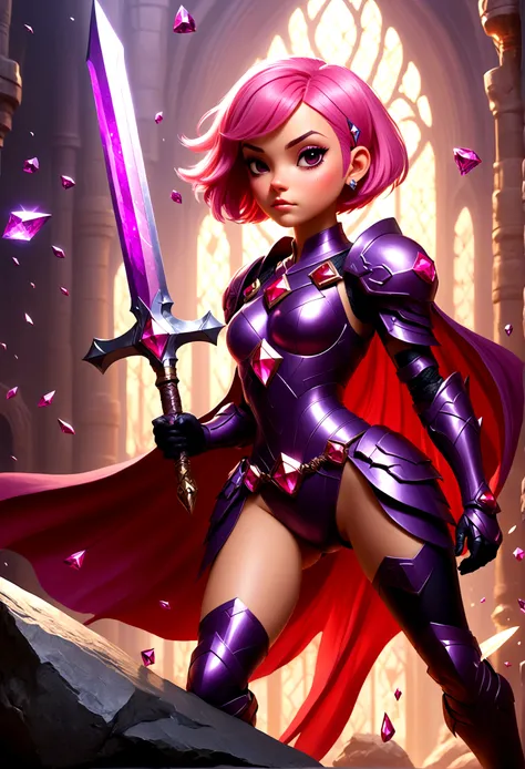 A giant heroic princess with short pink hair and purple diamonds on her cheeks, wearing purple armor and holding a giant diamond sword, accompanied by a small male fairy with short black hair, crimson red wings, dark gray clothing, and shades, having an ep...