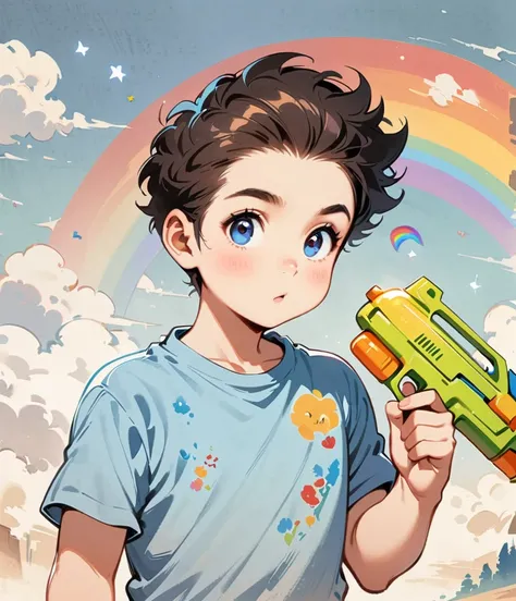 One adult male with dark hair、Draw a rainbow with a blue sky background、Play with a water gun、Cartoon style character design，interesting，interesting，Clean Lines