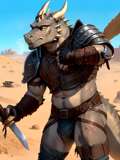 Solo Sexy young anthro scalie dragon male mercenary medieval solider, slim endomorph muscular, anthro handsome gay shorter muzzle, handsome gay model male apperance, sword scars, worn out leather skimpy armament, low on hips heavy leather belt, old very wo...