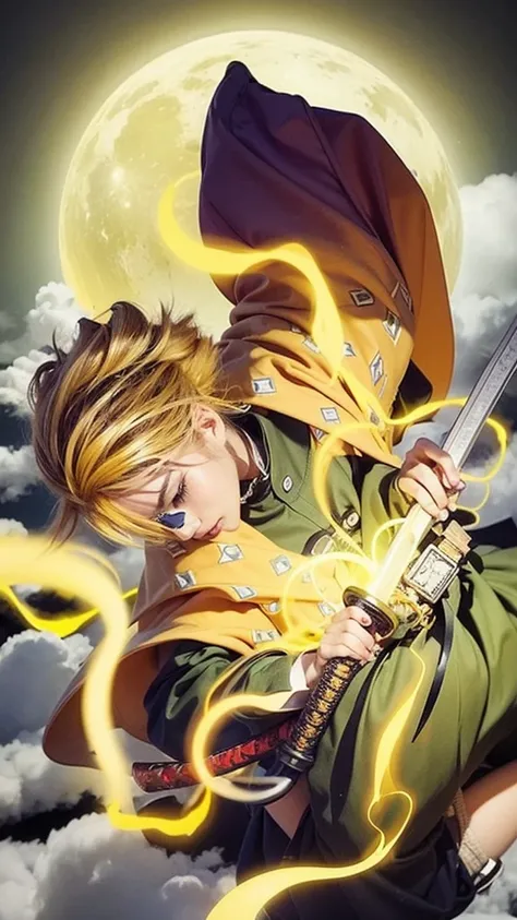 a teenager using a katana sword wearing yellow clothes yellow hair yellow lightning