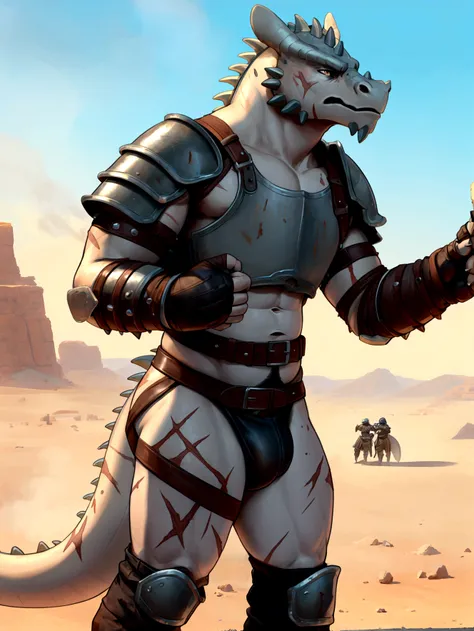 Solo Sexy young anthro scalie dragon male mercenary medieval solider, slim endomorph muscular, anthro handsome gay shorter muzzle, handsome gay model male apperance, sword scars, worn out leather skimpy armament, low on hips heavy leather belt, old very wo...