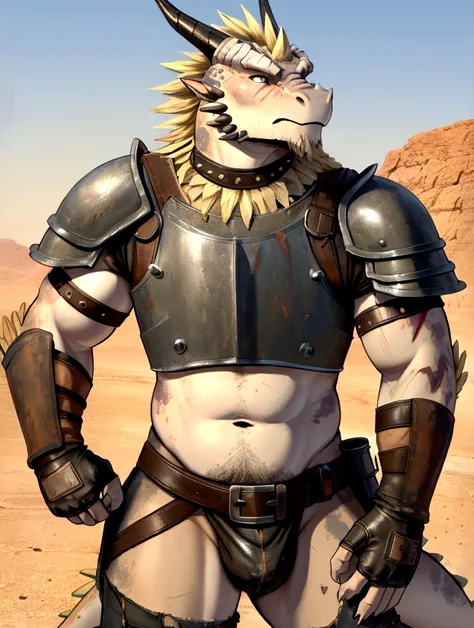 Solo Sexy young anthro scalie dragon male mercenary medieval solider, slim endomorph muscular, anthro handsome gay shorter muzzle, handsome gay model male apperance, sword scars, worn out leather skimpy armament, low on hips heavy leather belt, old very wo...