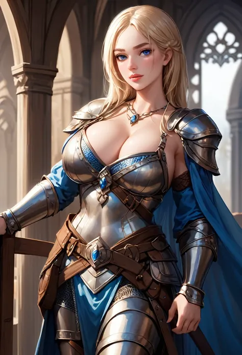 1 woman, medieval, queen, Caucasian, light skin, blue eyes, plump lips, absolutely beautiful face, large breasts, cleavage, wide hips, elegant armour chestplate, heavy cleavage, straight blonde hair, detailed skin, skin detail, (best quality,4k,8k,highres,...