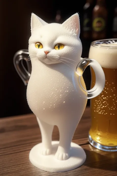 Fantasy beer on an intricate glass, made from cat sculptures, foam in the form of a cat, (absurdly charming cute, Standing in honor:1.2), beer foam , (Beer foam texture :1.3),