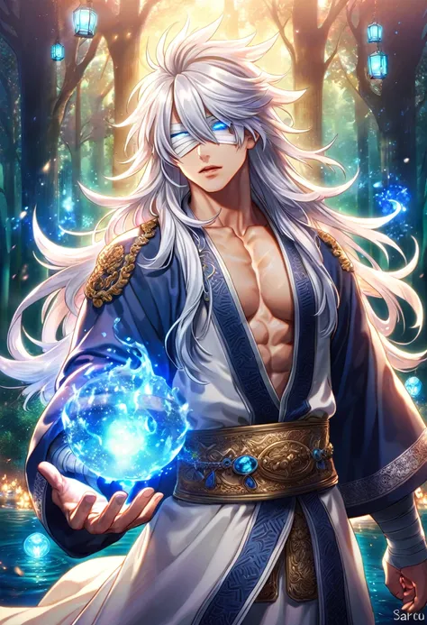 absurdres, highres, ultra detailed, HDR, master piece, best quality, extremely detailed face, delicated features, Gojou Saoru, untamed spiky hair, white hair, long hair, hair between the eyes, bandages over the eyes, Thousand Years War, solo, sexy man, han...