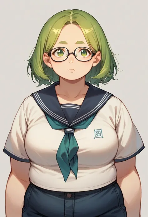 Kizi, chubby Kizi, blond, greeneyes, Medium length hair, open forehead, without bangs, black square-rim glasses, sailor 