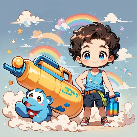 one adult male with dark hair、draw a rainbow with a blue sky background、play with a water gun、cartoon style character design，int...