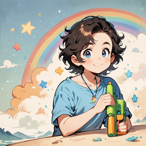 One adult male with dark hair、Draw a rainbow with a blue sky background、Play with a water gun、Cartoon style character design，interesting，interesting，Clean Lines