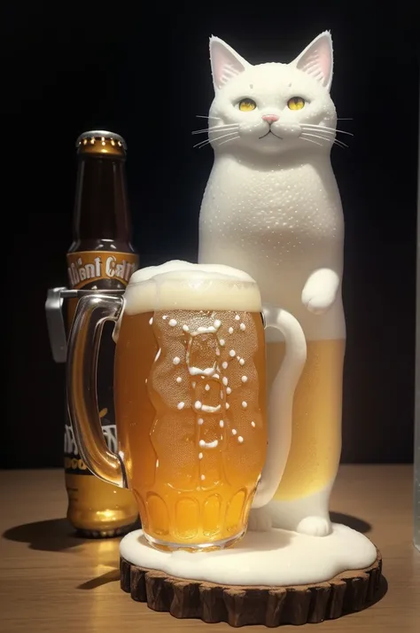 Fantasy beer on an intricate glass, made from cat sculptures, foam in the form of a cat, (absurdly charming cute, Standing in honor:1.2), beer foam , (Beer foam texture :1.3),