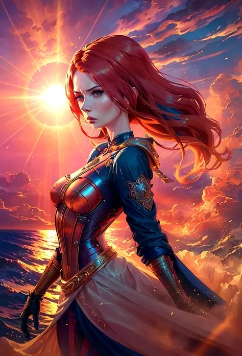 (woman inspired by Karen Gillan:1.2), (synthwave style:0.8), intricate, highly detailed, antrum, light wave, sun sunset, blue skies, photorealistic, 8k, masterpiece, cinematic, dramatic lighting, vivid colors, chiaroscuro, moody atmosphere, dramatic expres...