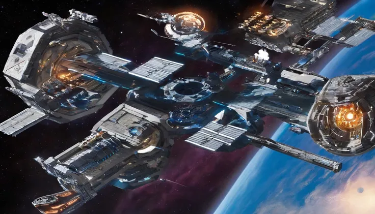 (((The space station is massively bigger than Babylon 5, but in the shape of Deep Space 9))). (((The space station has 6 ONeal Class space stations off in 5 directions, & 1 down the middle))).There are hundreds of starships going to & fro, from the station...