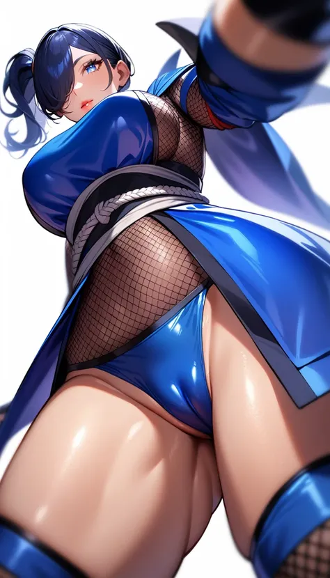 1girl,solo,super detailed skin,shiny skin,natural face,lips gloss,eyelashes,blue hair,hair over one eye,glowing blue eye,eyelashes,lips gloss,side ponytail,large breasts,(ninja clothes1.1),ninja style,fishnet,blue vinyl body suit,cameltoe,simple background...