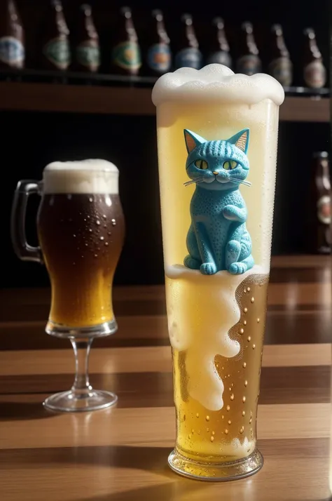 Fantasy beer on an intricate glass, made from cat sculptures, foam in the form of a cat, (absurdly charming cute, Standing in honor:1.2), beer foam , (Beer foam texture :1.3),