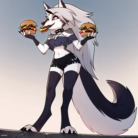 score_9, score_8_up, BREAK, source_anime, (1girl, solo), uncensored, full body, soft belly, belly fat, from below, thigh highs, fingerless gloves, holding burger, mouth open, burger in mouth, close up, detailed, 
anthro, furry, pose, sexy,
Loona (Helluva B...