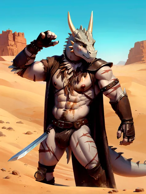 Solo Sexy young anthro scalie dragon male rebel desert tribal warrior, slim endomorph muscular, anthro handsome gay shorter muzzle, handsome gay model male apperance, sword scars, worn out leather skimpy armament, low on hips heavy leather belt, old very w...