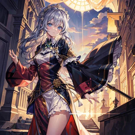 official art, european masterpiece women&#39;s clothing,, light silver hair , dark blue glasses、best quality、high resolution: 1....