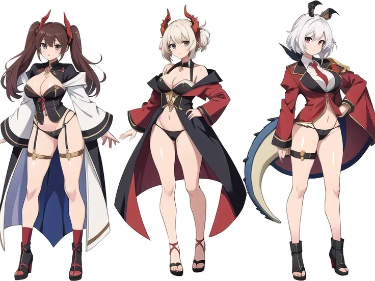 4 girls, variety of hairstyles, ((white background)), (((full body))), multiple views, dragon horn,  thong, cleavage, short tie, sleeves, highleg,