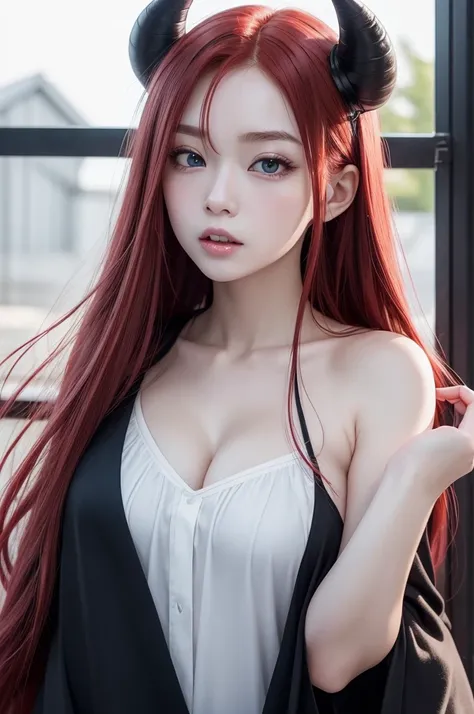 Kiyoko have long red hair, its like she would break at any rough touch, bright blue eyes,with this appearance, all this with a cute and angelic face, she has horns and sharp canines , She is japanese , pale skin 