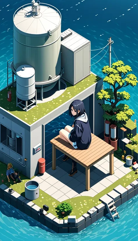 (Isometric perspective style:1.5),Murakami Takashi style, Character concept design, leg，Full body shot,(((超大暖leg套))),Wide Angle, The table is as follows,Oversized Clothes,Lean forward,Point to viewer，Sitting by the water tank