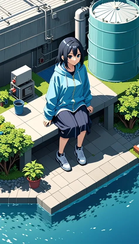 (Isometric perspective style:1.5),Murakami Takashi style, Character concept design, leg，Full body shot,(((超大暖leg套))),Wide Angle, The table is as follows,Oversized Clothes,Lean forward,Point to viewer，Sitting by the water tank