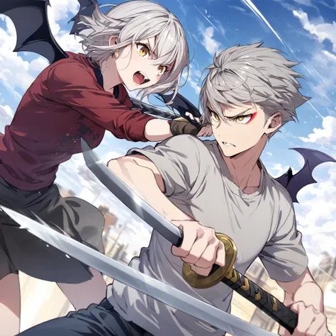 Light gray hair, sword fighting, golden eyes, cool casual, red makeup, bat wings