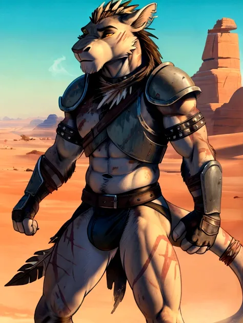 Solo Sexy young anthro scalie dragon male rebel desert tribal warrior, slim endomorph muscular, anthro handsome gay shorter muzzle, handsome gay model male apperance, sword scars, worn out leather skimpy armament, low on hips heavy leather belt, old very w...