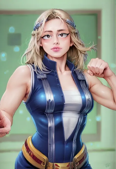 A beautiful, voluptuous anime girl from My Hero Academia, 1girl, blonde hair, pink lips, incredible heroine, plunging neckline, strong heroic pose, iconic hairstyle, dynamic pose, heroine outfit, (best quality,4k,8k,highres,masterpiece:1.2),ultra-detailed,...