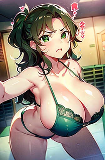 Big Tits、Huge breasts、Handsome、Emerald green underwear、Overflowing breasts、Spilling breasts、Excited、locker room、School、Being spied on by male students、Wavy Hair、Angry face、Lace Underwear、Brown Hair