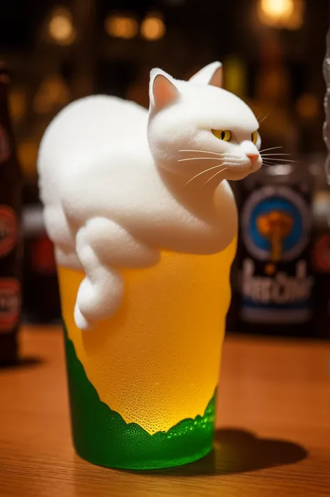 Fantasy beer on an intricate glass, made from cat sculptures, foam in the form of a cat, cat with red eyes, (absurdly charming cute, Standing in honor:1.2), beer foam , (Beer foam texture :1.3),