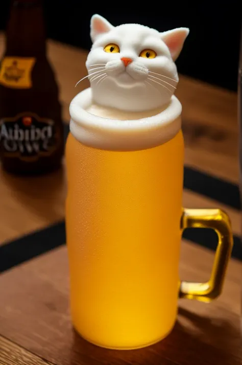 Fantasy beer on an intricate glass, made from cat sculptures, foam in the form of a cat, cat with red eyes, (absurdly charming cute, Standing in honor:1.2), beer foam , (Beer foam texture :1.3),