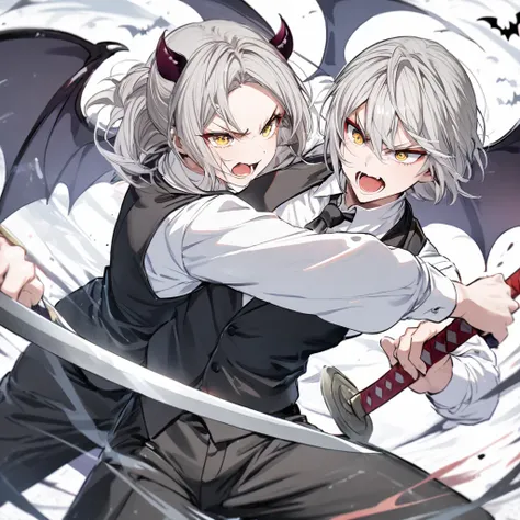 Light gray hair, sword fighting, golden eyes, black tie, black vest, white shirt, red makeup, bat wings