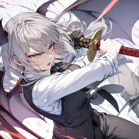 Light gray hair, sword fighting, golden eyes, black tie, black vest, white shirt, red makeup, bat wings