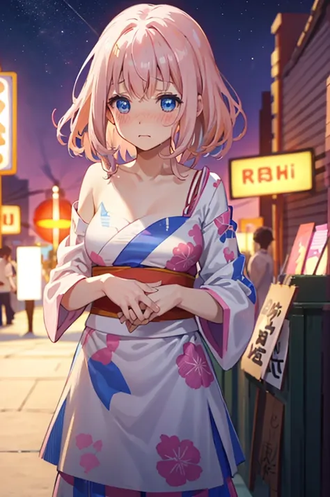 undressing、acme face、random pose、、summer festival、night sky、nsfw、yukata、pink hair、medium hair、pale blue eyes、summer festival、nig...