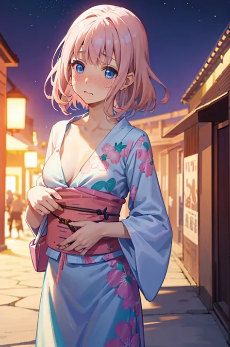 undressing、acme face、random pose、、summer festival、night sky、nsfw、yukata、pink hair、medium hair、pale blue eyes、summer festival、nig...