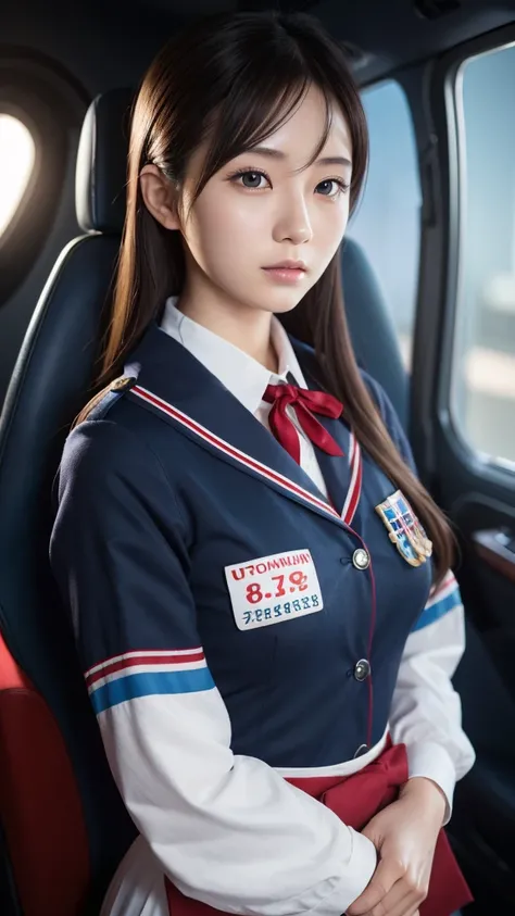 A beautiful young Japanese woman, around 20 years old, wearing a stewardess uniform, ultra-detailed, 8K resolution, highly realistic, cinematic lighting, best quality, masterpiece, photorealistic, physically-based rendering, extremely detailed, vivid color...