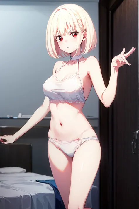 short hair、Light cream colored hair、Pale red eyes、On the bed、Blushing、M-shaped legs、Random pose、Looks like she&#39;s about to cum、Glamorous expression、Blushing、Red underwear、Cute underwear、Undressing、、Bedroom、On the bed、M-shaped legs、Random pose,Show your ...