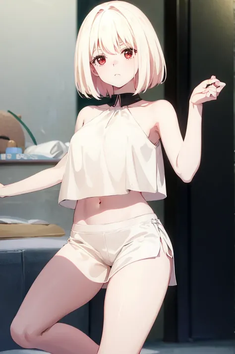 short hair、Light cream colored hair、Pale red eyes、On the bed、Blushing、M-shaped legs、Random pose、Looks like she&#39;s about to cum、Glamorous expression、Blushing、Red underwear、Cute underwear、Undressing、、Bedroom、On the bed、M-shaped legs、Random pose,Show your ...