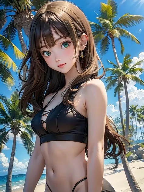 masterpiece, rich colors, Best quality, detailed, high resolution, Hyper quality, high detail, , high quality, detailing, skinny sexy girl on the beach , bright lighting , green eyes, Anime, palm trees, bright lighting,