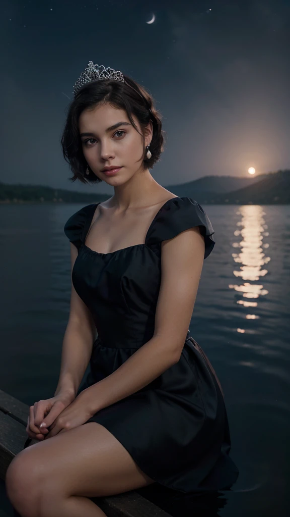 princess_dress,tiara,earrings,sitting_on_pier,night,moonlight,lake,reflection,starlight,perfect_quality,perfect_anatomy,stary_sky,beautiful_sky,deep_fog,short hair,black hair,good anatomy,best quality,masterpiece,beautiful,cute face