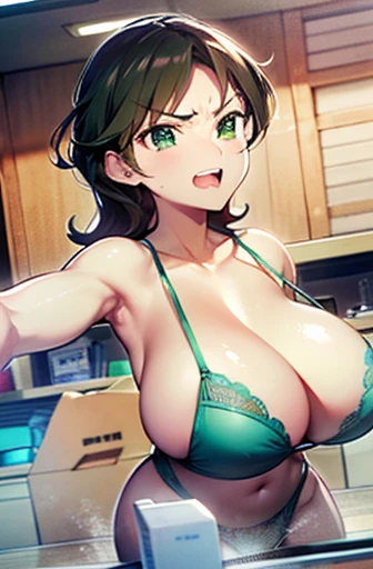 Big Tits、Huge breasts、Handsome、Emerald green underwear、Overflowing breasts、Spilling breasts、Excited、locker room、School、Being spied on by male students、Wavy Hair、Angry face、Lace Underwear、Brown Hair、Brown Hair